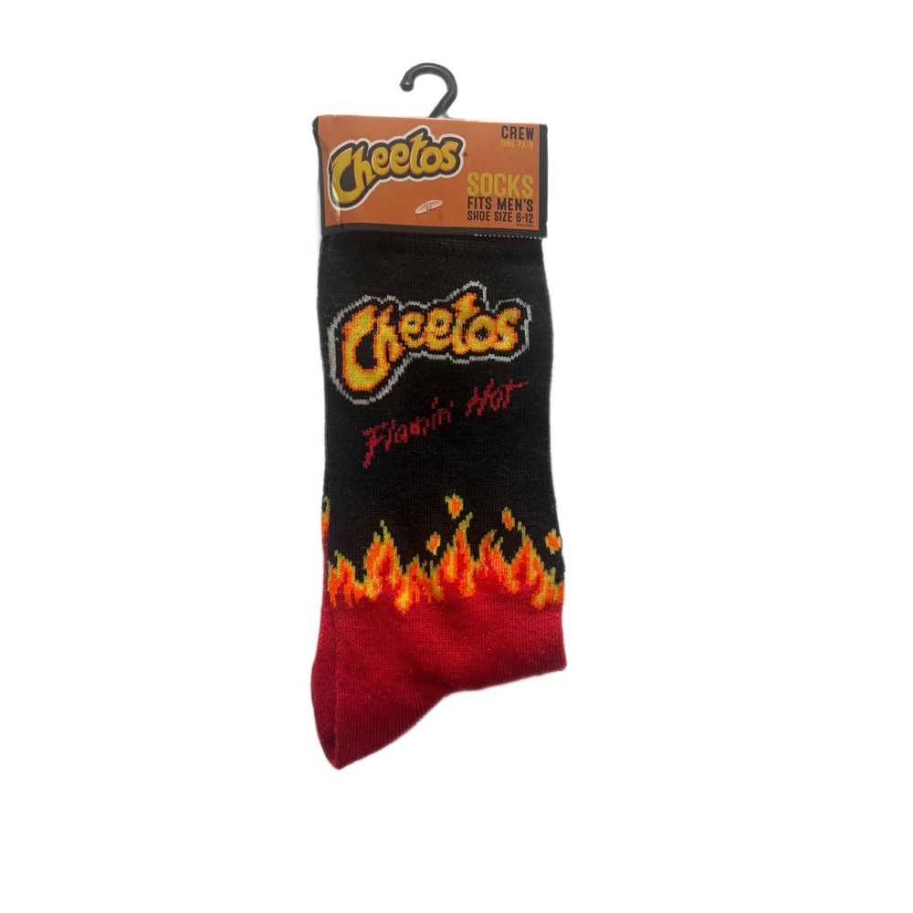 Cheetos Flamin Hot Crew Socks Mens Shoe Size 6-12 Black Red Fire‎ Graphic New